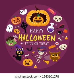 Vintage Halloween poster design with vector demon, witch, zombie, ghost, owl, skeleton, pumpkin, jack o lantern, character set. 