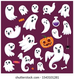 Vintage Halloween poster design with vector ghost character set. 