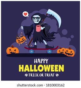 Vintage Halloween poster design with vector reaper, pumpkin character.