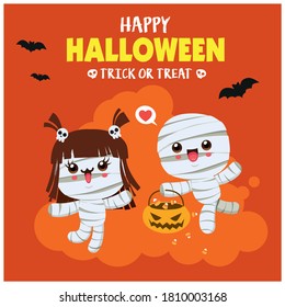 Vintage Halloween poster design with vector mummy, bat character.