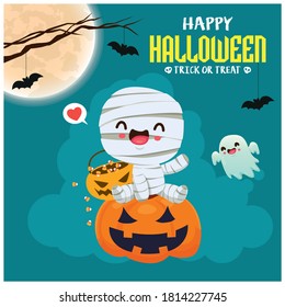 Vintage Halloween poster design with vector mummy, bat character. 