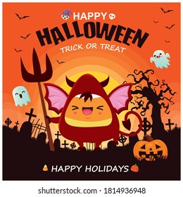 Vintage Halloween poster design with vector demon, devil, witch, ghost, bat character.