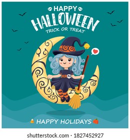Diseño de afiches de Halloween vintage con carácter de bruja vectorial. 