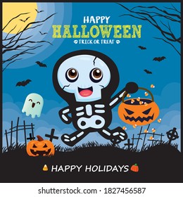 Vintage Halloween poster design with vector skeleton, ghost character. 