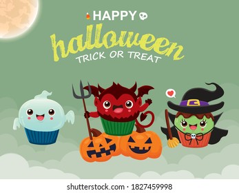 Vintage Halloween poster design with vector witch, demon, ghost, cat cupcake character. 