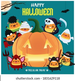 Vintage Halloween poster design with vector mummy, reaper, witch, cat, demon, vampire, demon, ghost character. 