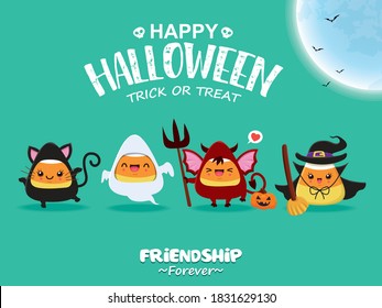 Vintage Halloween poster design with vector cat, ghost, demon, witch character. 