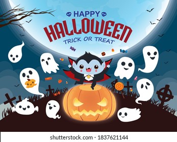 Vintage Halloween poster design with vector vampire, ghost character. 