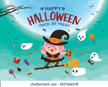 Vintage Halloween poster design with vector witch, ghost character. 