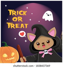 Vintage Halloween poster design with vector witch cat character. 