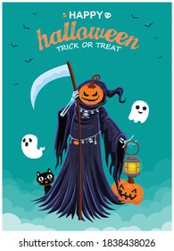 Vintage Halloween poster design with vector reaper, pumpkin character. 