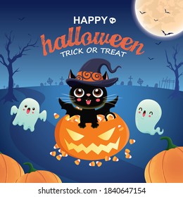 Vintage Halloween poster design with vector cat, pumpkin, ghost character. 