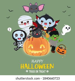Vintage Halloween poster design with vector mummy, skeleton, bat, vampire, spider, demon, ghost character. 