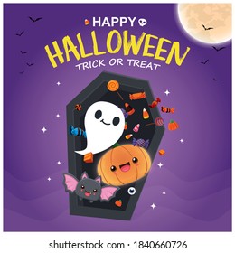 Vintage Halloween poster design with vector ghost, jack o lantern, demon, bat character.