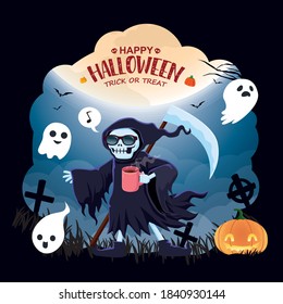 Vintage Halloween poster design with vector demon, devil, reaper, ghost, bat character.