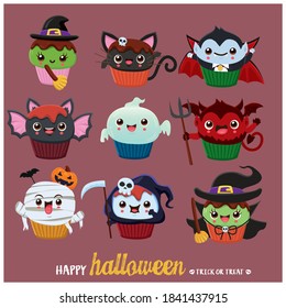 Vintage Halloween poster design with vector cat, ghost, witch, demon, witch, reaper, vampire, mummy character. 