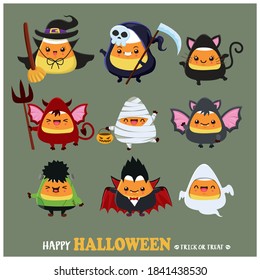 Vintage Halloween poster design with vector cat, ghost, witch, demon, witch, reaper, vampire, mummy character. 