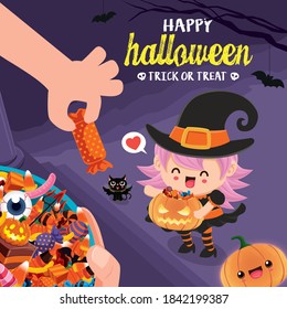 Vintage Halloween poster design with vector witch, cat character. 