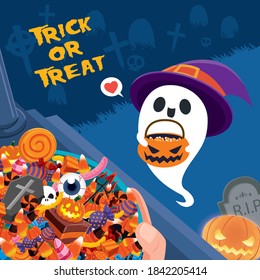 Vintage Halloween poster design with vector ghost character. 