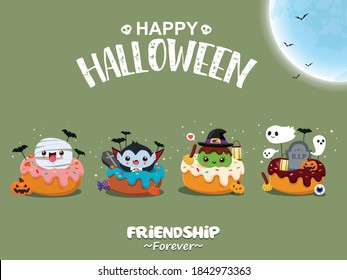 Vintage Halloween poster design with vector vampire, witch, mummy, ghost, cupcake character. 