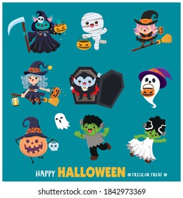 Vintage Halloween poster design with vector mummy, witch, bat, vampire, mummy, ghost character. 