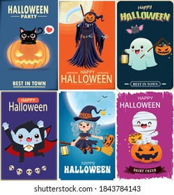 Vintage Halloween poster design with vector witch, bat, reaper, vampire, spider character. 