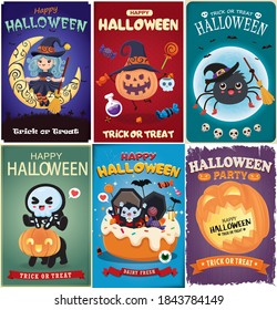 Vintage Halloween poster design with vector witch, bat, skeleton, vampire, spider character. 