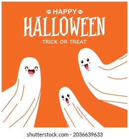 Vintage Halloween poster design with vector witch ghost character. 