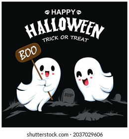 Vintage Halloween poster design with vector ghost character. 