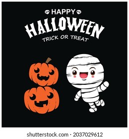 Vintage Halloween poster design with vector mummy character. 