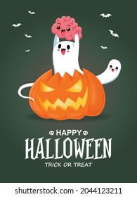 Vintage Halloween Poster Design With Vector Ghost, Jack O Lantern Character. 