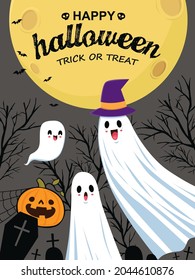 Vintage Halloween poster design with vector ghost, jack o lantern character. 