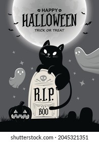 Vintage Halloween poster design with vector cat, ghost, jack o lantern character. 