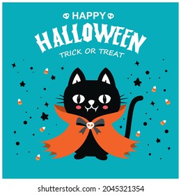 Vintage Halloween poster design with vector cat, vampire character. 