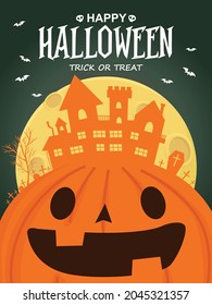 Diseño vintage de afiches de Halloween con calabaza vectorial, personaje de jack o linterna. 