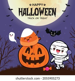 Vintage Halloween Poster Design With Vector Mummy, Jack O Lantern Character. 