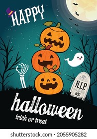 Vintage Halloween poster design with vector ghost, jack o lantern character. 