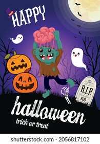Vintage Halloween poster design with vector zombie, ghost, jack o lantern character. 