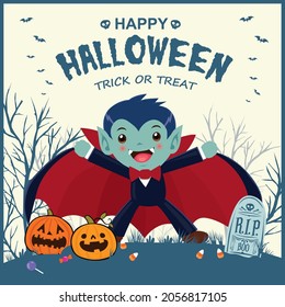 Vintage Halloween poster design with vector vampire character. 