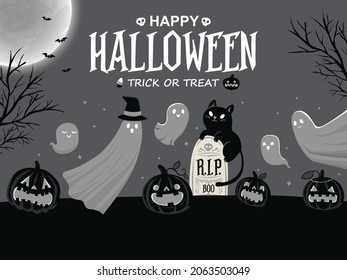 Vintage Halloween poster design with vector cat, bat, ghost ,jack o lantern character. 