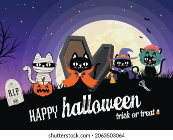 Vintage Halloween poster design with vector vampire, bat, zombie, witch, mummy character.