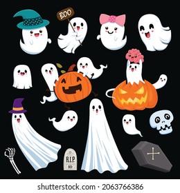 Vintage Halloween poster design with vector ghost, jack o lantern character. 