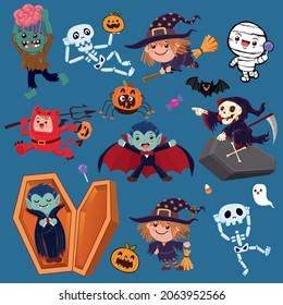 Diseño vintage de afiches de Halloween con vampiro vector, pañal, esqueleto, gato, bruja, zombie, fantasma, momia, demonio, gato o personaje de linterna. 