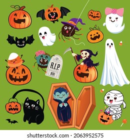 Vintage Halloween poster design with vector vampire, reaper, witch, zombie, ghost, mummy, demon, jack o lantern character. 