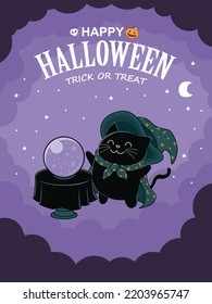Diseño de afiches de Halloween vintage con personaje de gato vectorial. 