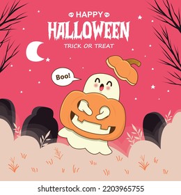 Vintage Halloween poster design with vector ghost, jack o lantern character. 