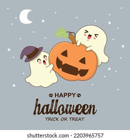 Vintage Halloween poster design with vector ghost, jack o lantern character. 