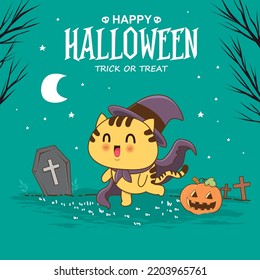 Vintage Halloween poster design with vector cat, jack o lantern character. 