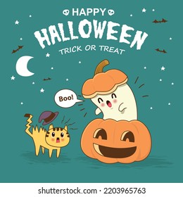 Vintage Halloween poster design with vector ghost, jack o lantern character. 