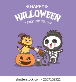 Vintage Halloween poster design with vector cat, skeleton, jack o lantern character. 